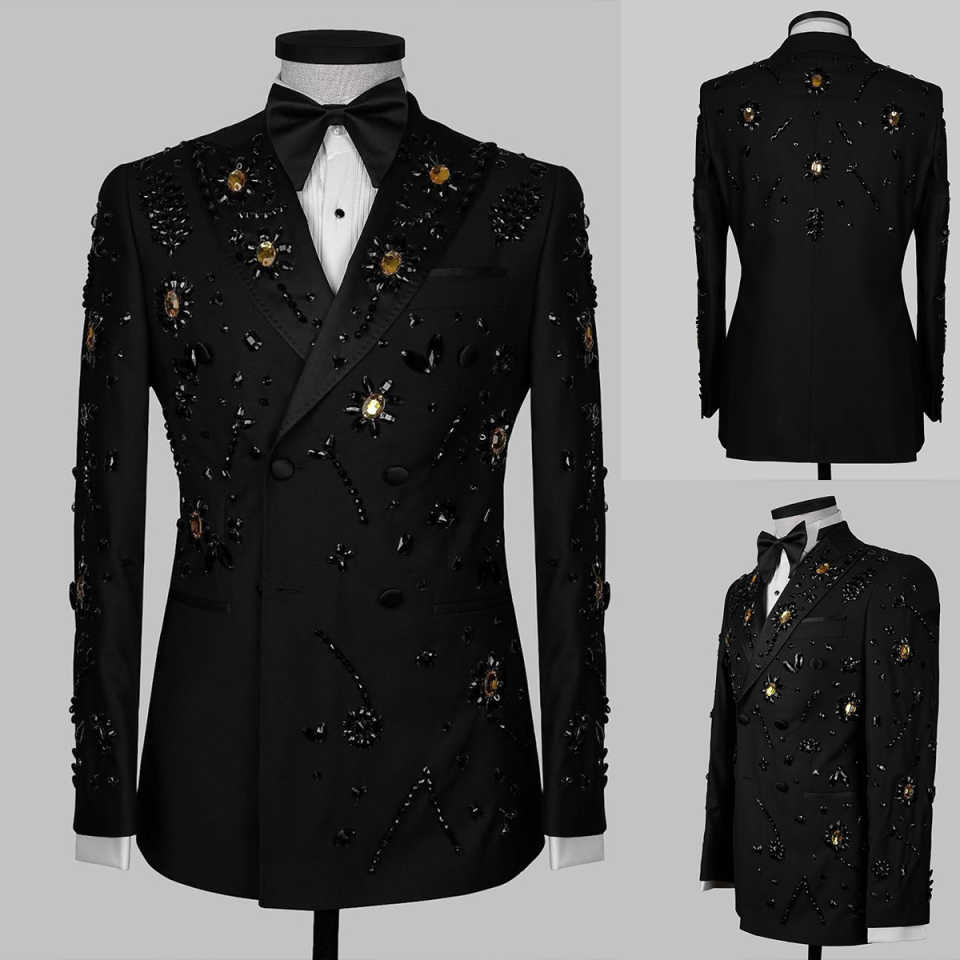 Luxury Jewelry Mens Tuxedos Peaked Lapel Beading 2 Pieces Groom Dinner Party Male Prom Blazers Customized Coustome Homme