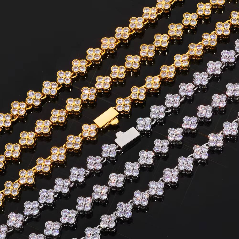 NUOYA Women Diamond Chain Gold Plated Four Leaf Clover Plum Blossom Chain Shiny Hip Hop Jewelry Zircon Link Necklace