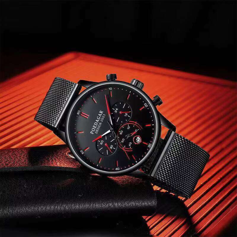 DHgargets POEDAGAR Men's Luxury Small Three Dial Sports Chronograph Calendar Stainless Steel Fashion Watch