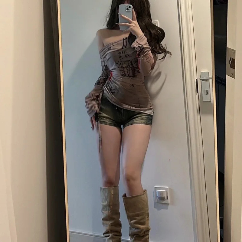 Long Sleeve Tshirt Spicy Girl Style One Shoulder Womens Thin Mesh Screen Graffiti Print Irregular Drawstring Top 250729