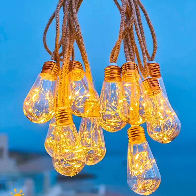 Outdoor Solar Hemp Rope Bulb with Copper Wire LED Hanging Garden Decorative Party String Light Vintage