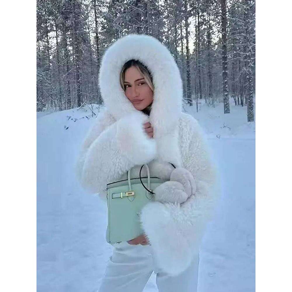 ZADORIN High Quality Coats Hooded Cropped White Black Faux Coat Woman Clothing Fluffy Fur Jacket Winter Outerwears