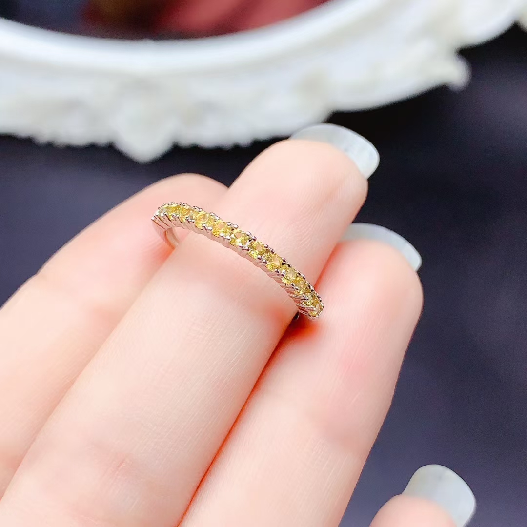 Natural Yellow Sapphire Ring for Daily Wear 13 pieces 2mm genuine Sapphire 925 Silver Ring with 18K Gold Plating gift for women