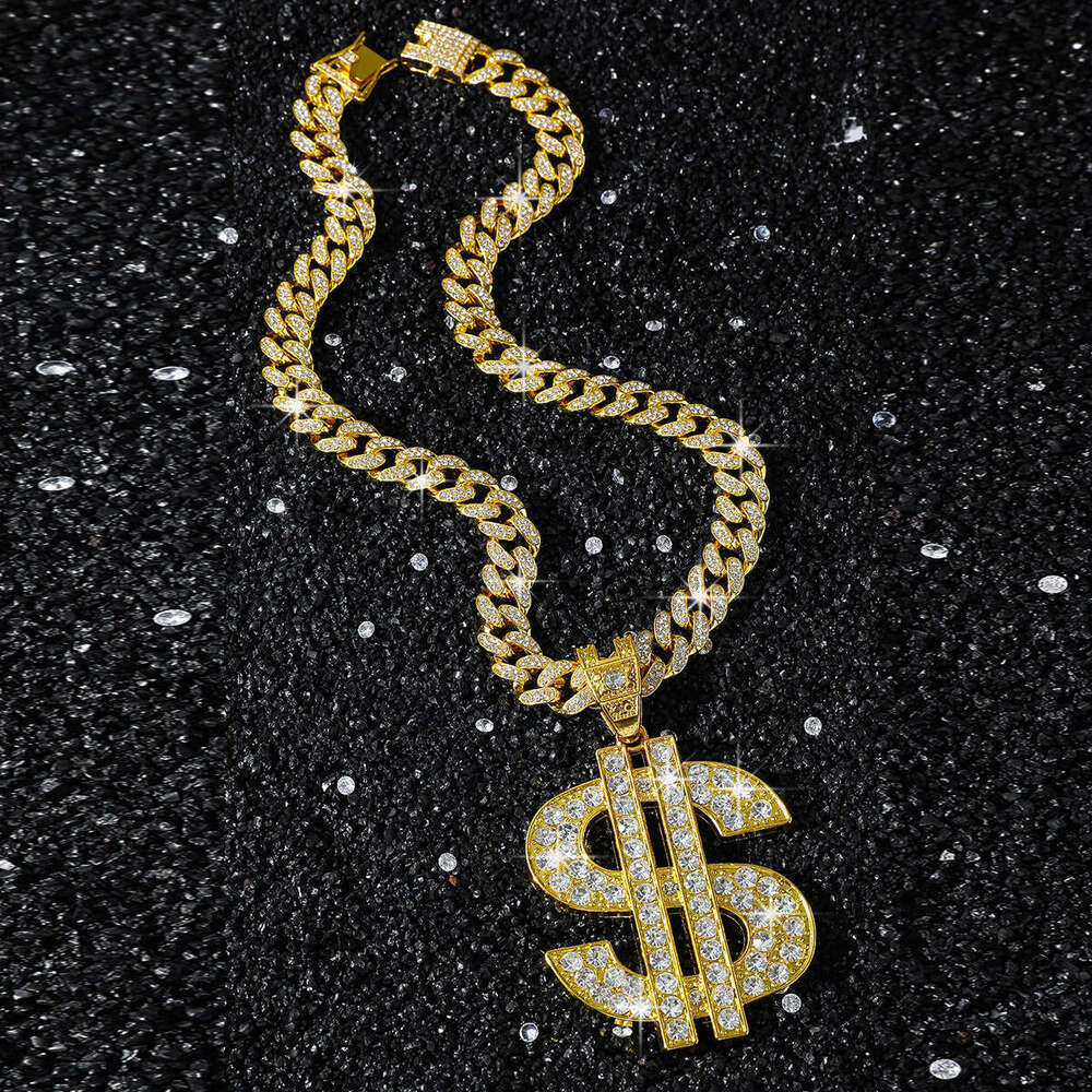 High-end Inlaid Dia Dollar Sign Pendant Personality Exaggerated Hip-hop Cuban Necklace Jewelry