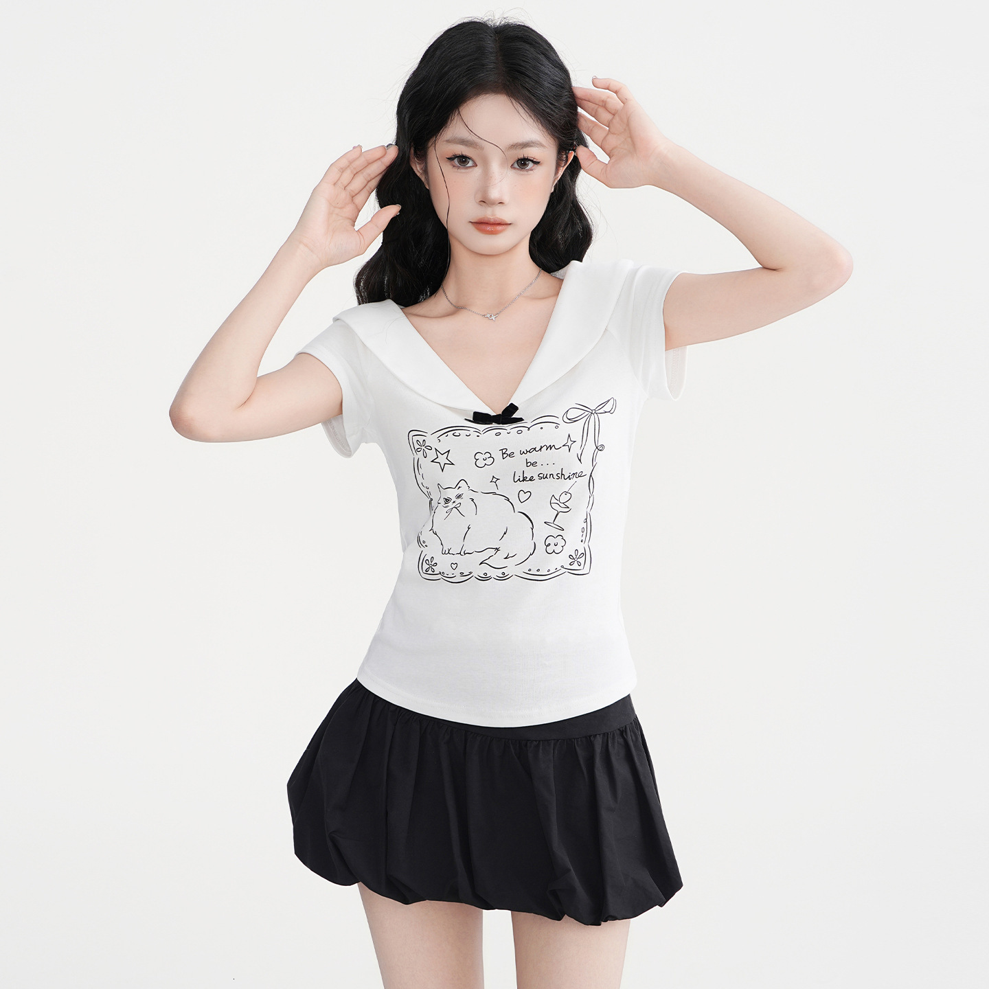 2025 Jiyou Korean style doll collar shoulder short sleeved women's summer new bow design top new designer T-shirt