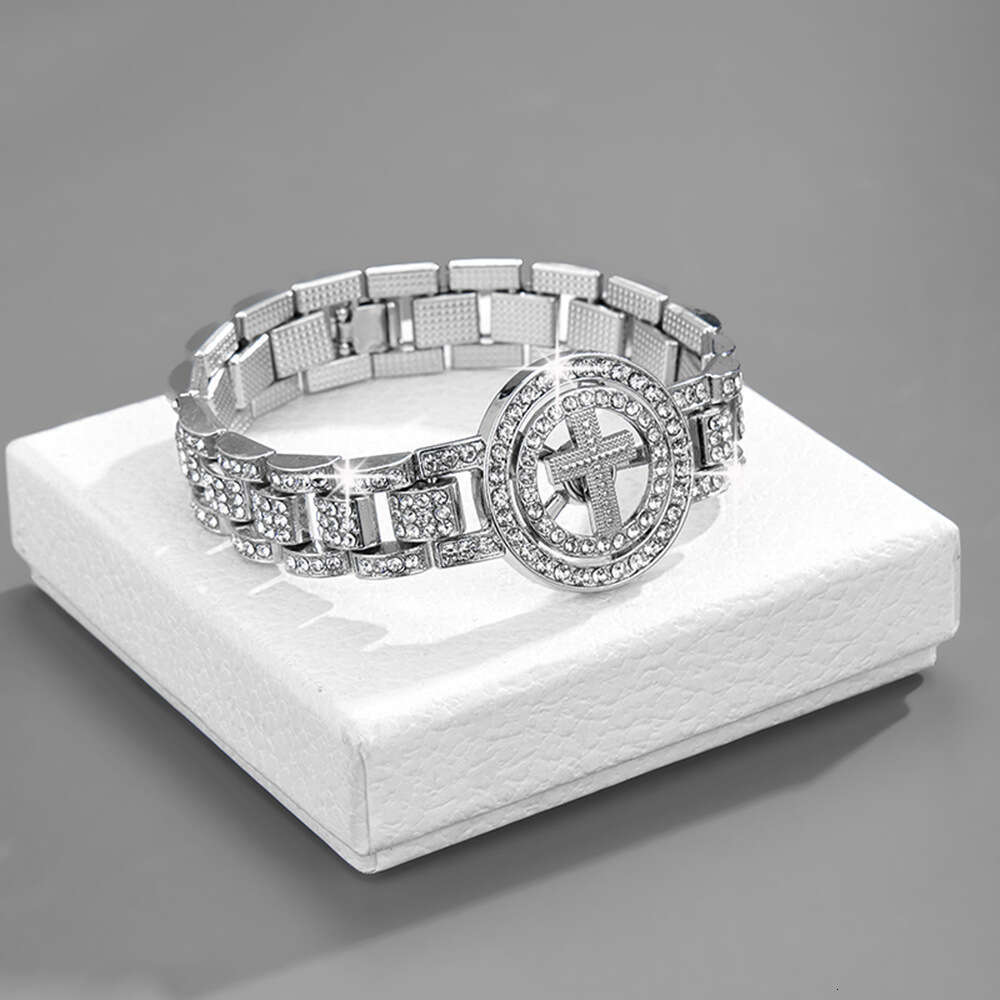 Fashion Personality Spiked Alloy Rhinestone Hip-Hop Jewelry Full Dia Cuban Chain Bracelet Set