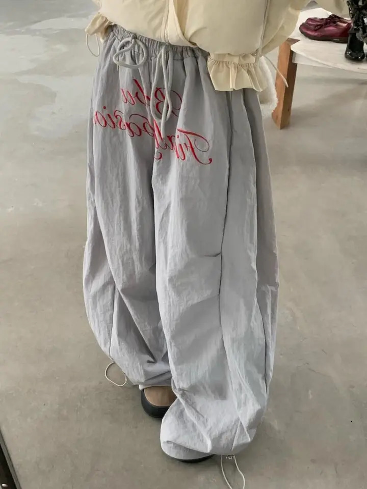 90s American Retro Trend Printed Letters Overalls Women Loose Fold High Street Korean Casual Sports Couple Wide leg Pants Unisex