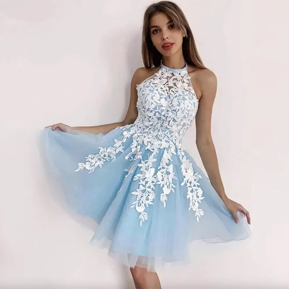 Light Tulle Homecoming Dresses White Lace Applique Halter Neck Graduation Party Short A E Princess Vestidos Prom