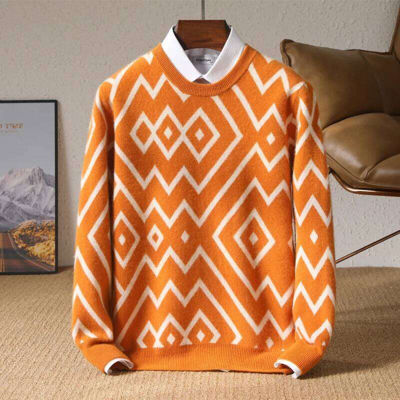 Men's 100% Merino Wool Sweater O-Neck Knit Dia Jacquard Pullover Cashmere Thickening Top Long Sleeve Jumpers Autumn Winter MDNG
