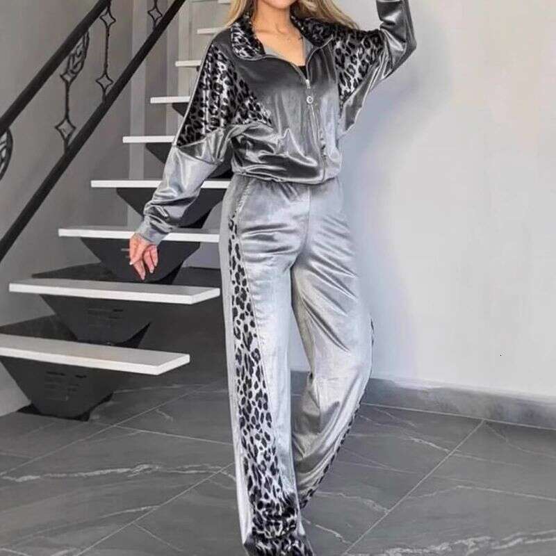 Women's Clothing Leopard Print Contrast Trousers Long Sleeved Home Clothes Suit