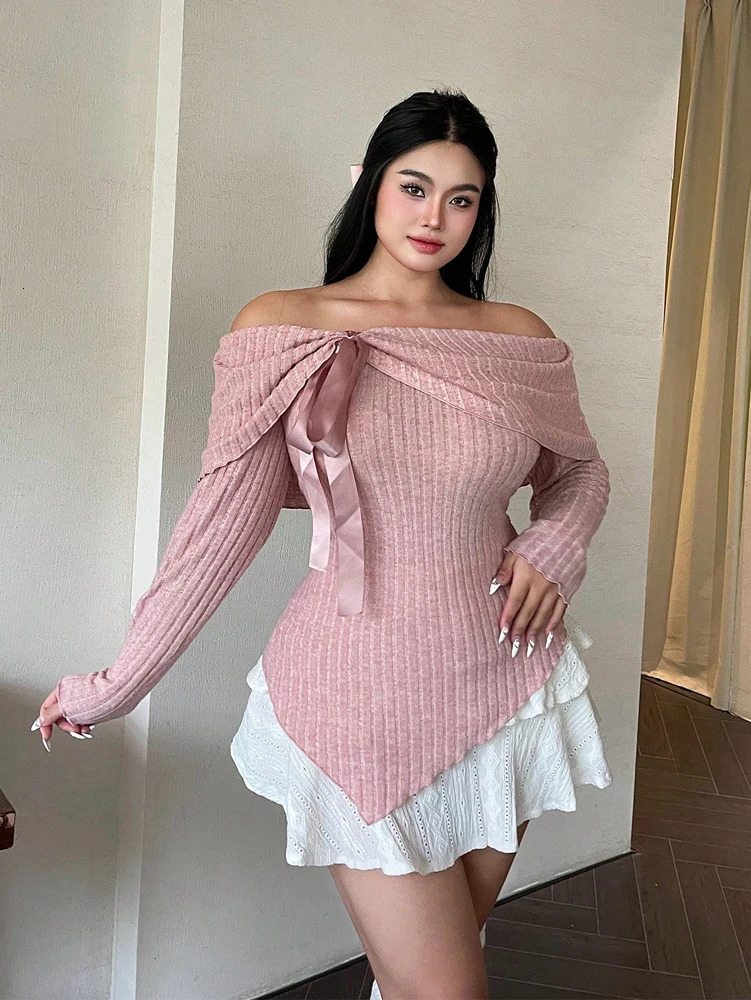 Plus Size Womens Solid Color Strapless Long Sleeve Simple TShirt Spring Daily Casual Dress Up Cute Wind Pure Polyester 250729