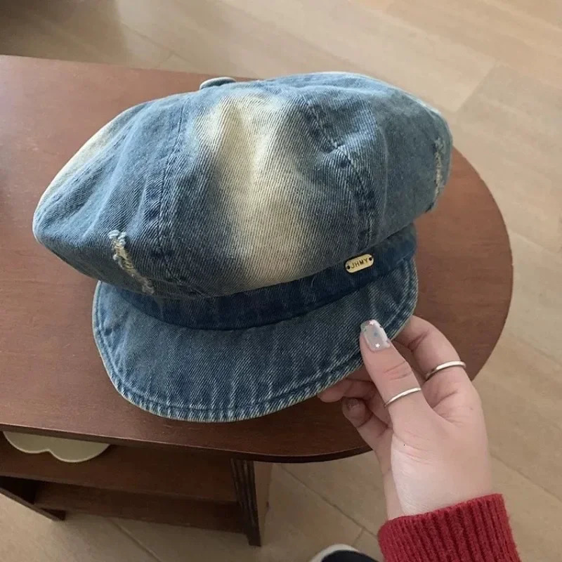 Retro Tie-dye Hole n Denim sboy Hats for Men and Women Spring Summer Casual Versatile Literary Octagonal Berets Cap 250729