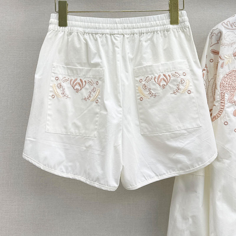 Women's Heavyweight Embroidered Cotton Two Piece Sets Luxury Fashion Runway Round Neck Shirts Elastic Waist Shorts Designer Matching Set S0769