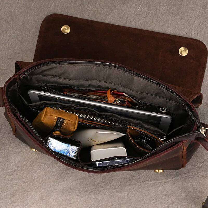 OLOEY Men's Genuine Shoulder Crazy Horse Crossbody High Quality School bags Leather Messenger Bag for men male