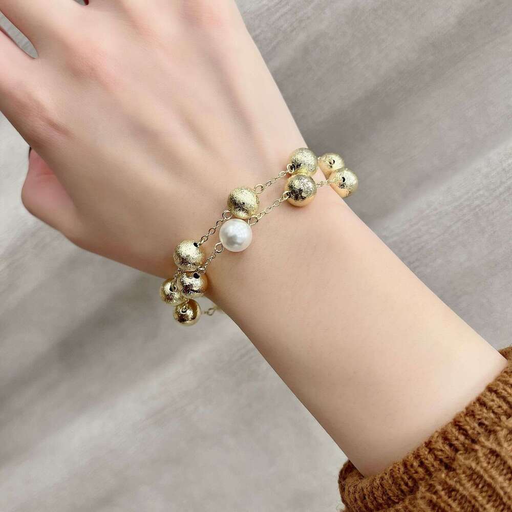 Geometric Smooth Metal Round Bracelet with Beaded Chain, Brushed Bead Bracelet, Gold Color, Light , Niche, High-End Fashion 6c6