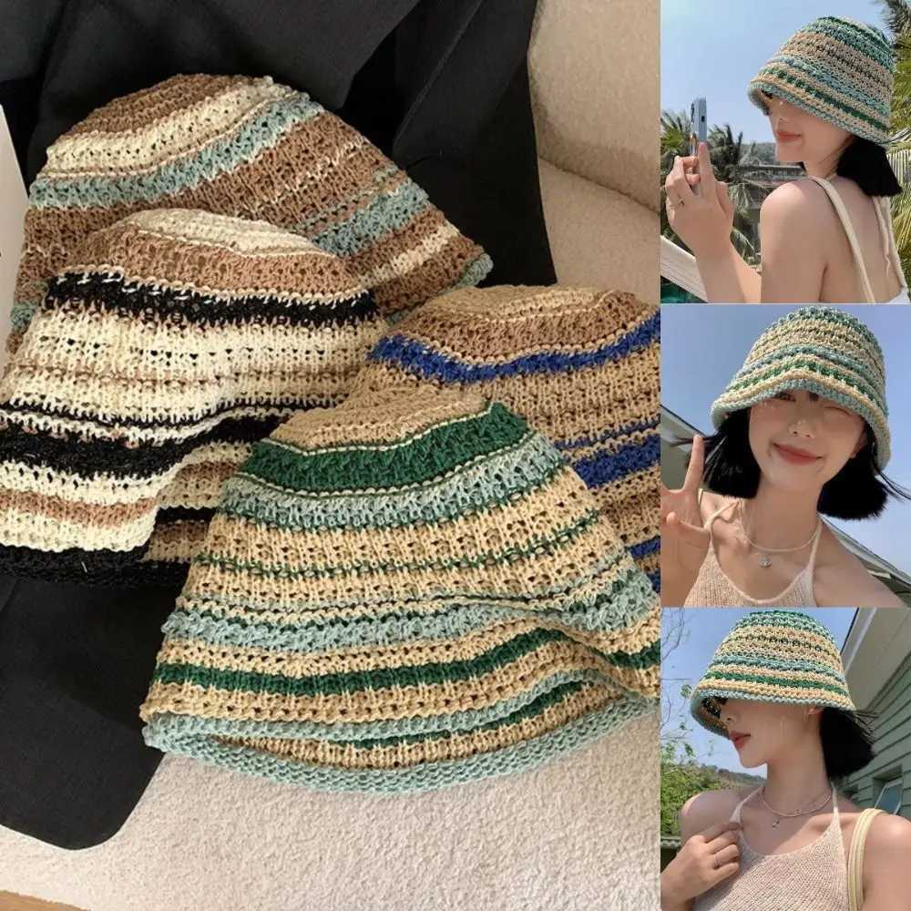 Fashion Striped Fisherman Hat Big Eaves Breathable Crochet Hat UV Protection Mticolor Str C Summer Y250730