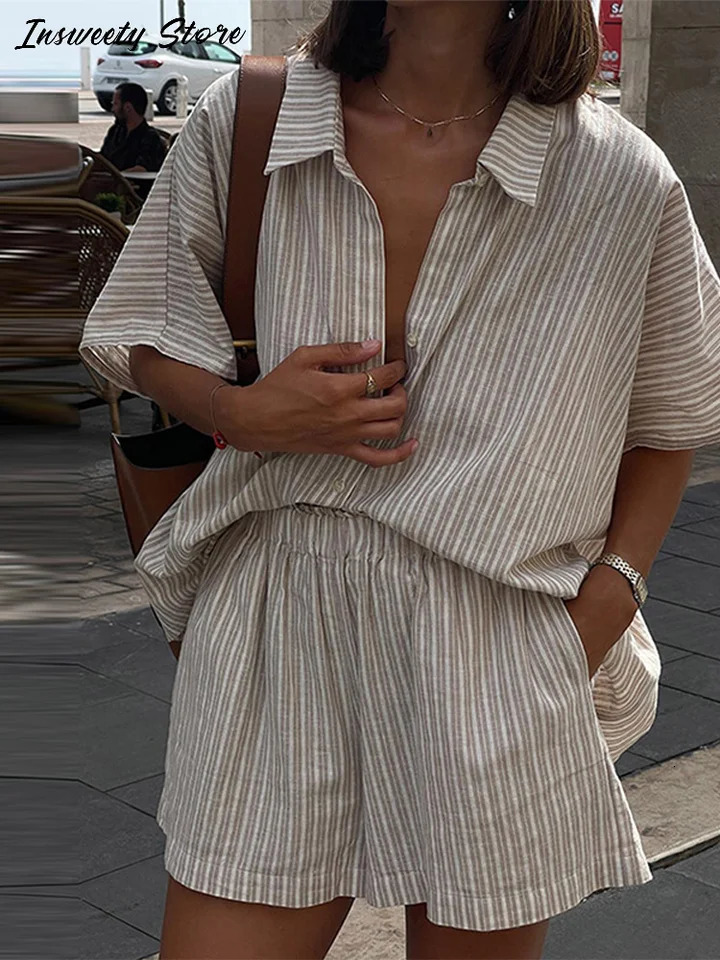 Summer Womens Loose Single Breasted Half Sleeve Shirt High Waist Short Pants Casual Stripe Shorts Set Holiday Suit 250729