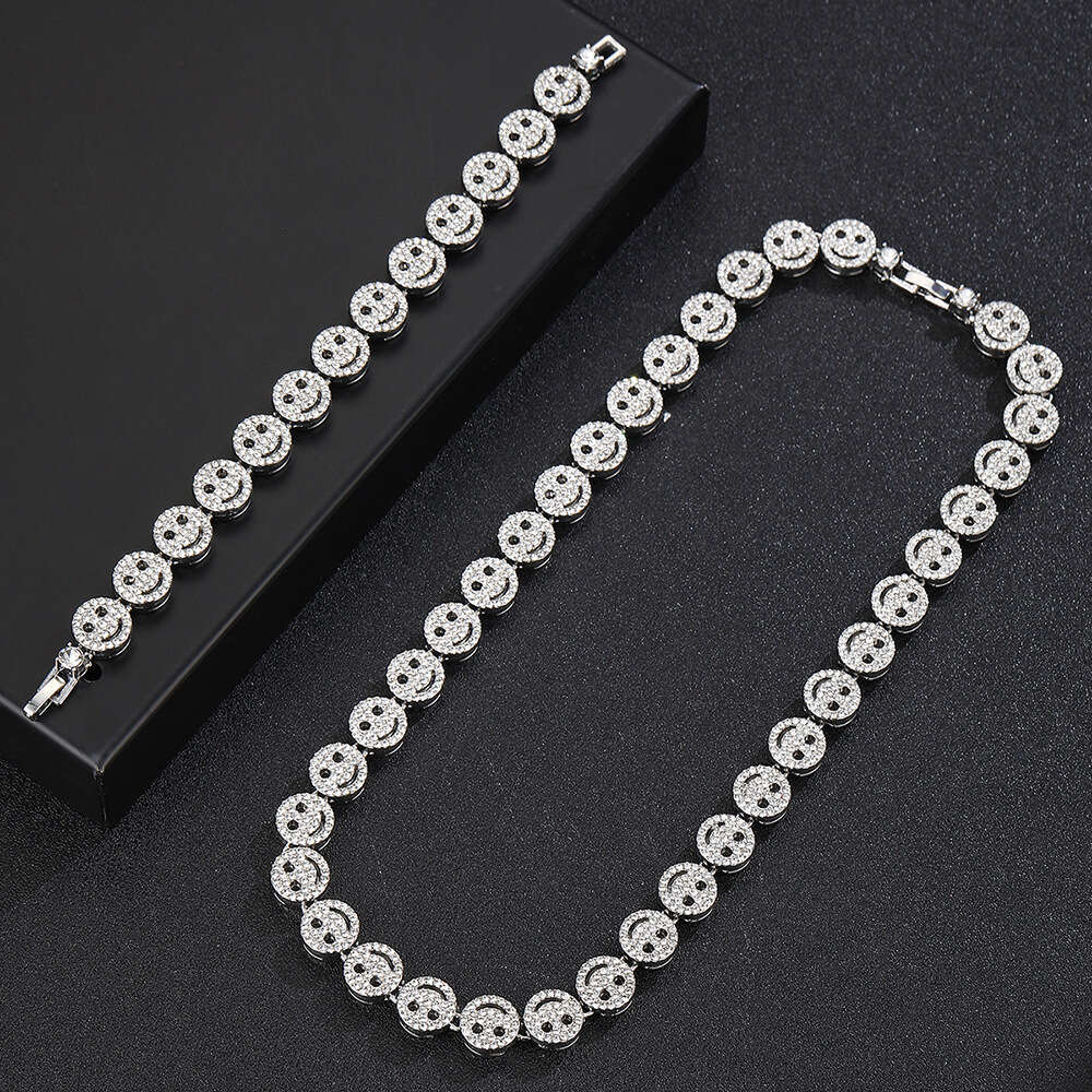 Full Dia Smiley Face Bracelet Hip Hop Creative Personality Necklace Cuban Chain for Men