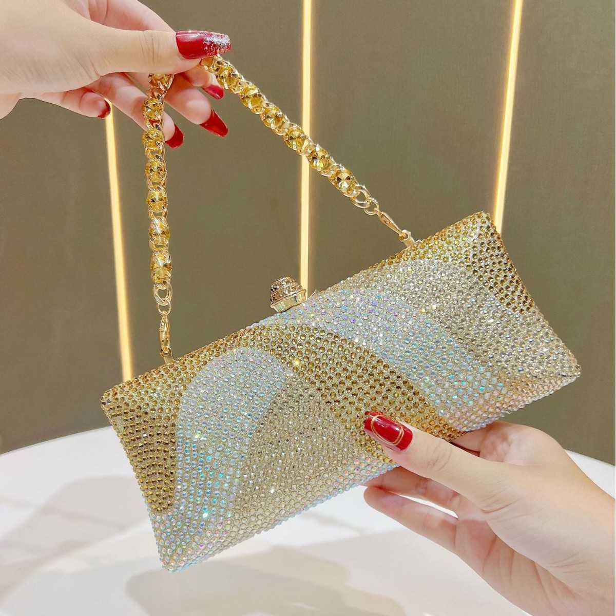 New Womens Shiny Luxurious Full Diamond Bag Wedding Bridesmaid Bag Party Bag Rhinestone Shiny Evening Bag Chain Bag