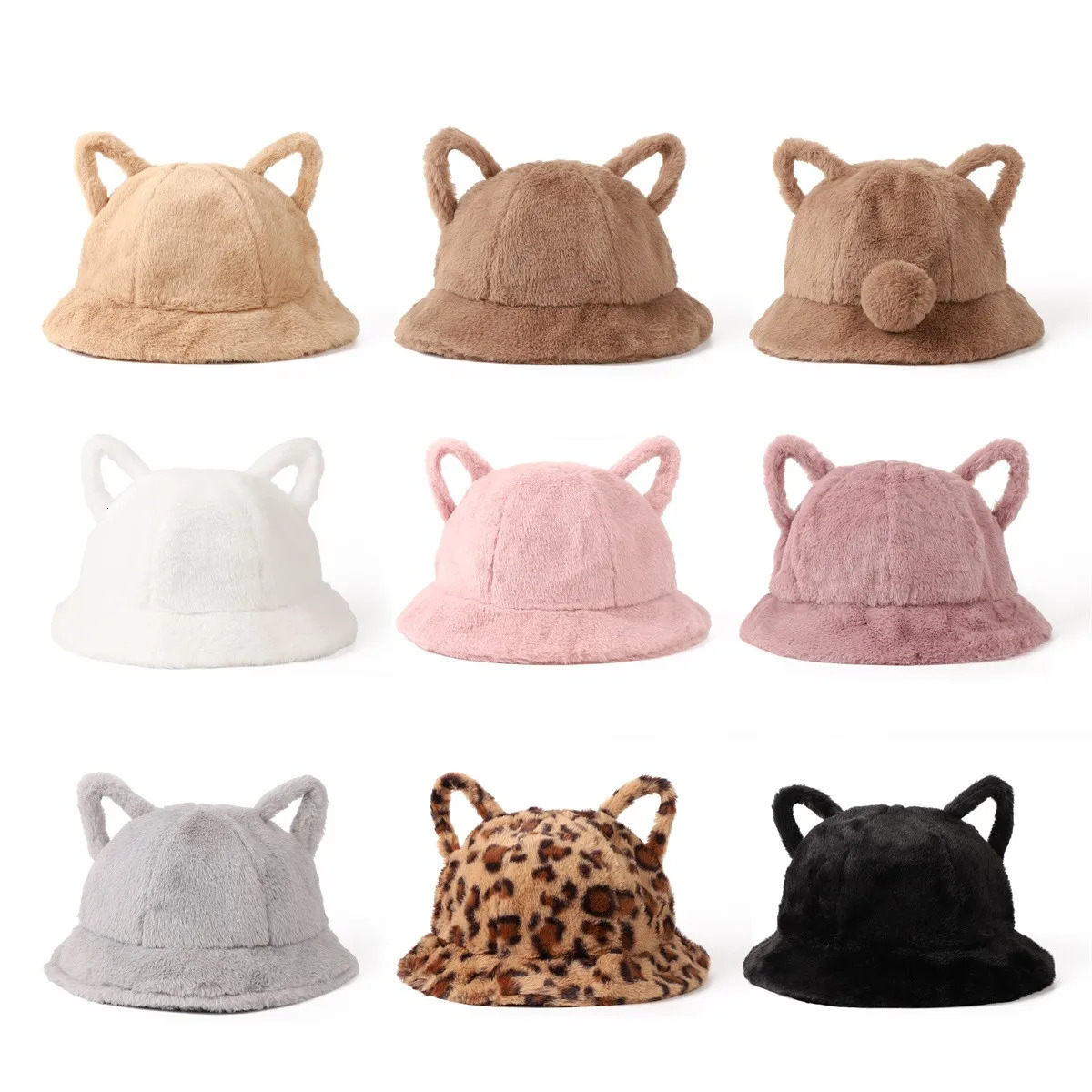 Womens Bucket Hat Winter Cute Cat Ear Plush Fisherman Hat Keep Warm Faux Fur Leopard Bob Hat Female 250724