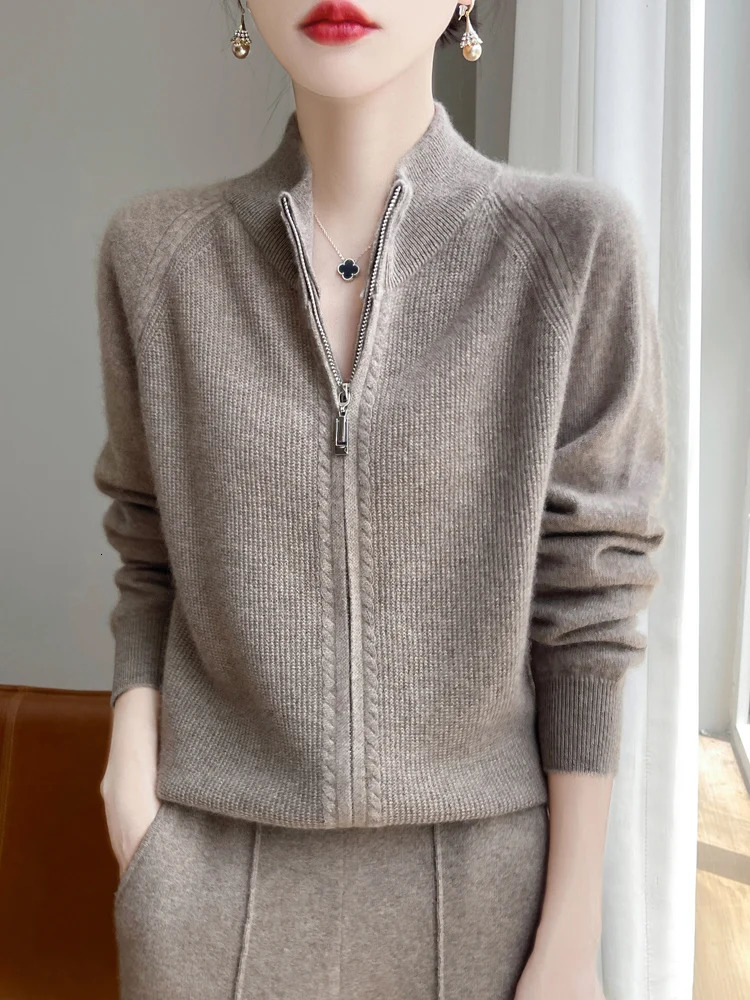 100% Pure Wool Zipper Cardigan Womens SemiTurtleneck Knit Coat Fashion Loose Double Sweater Autumn Winter Female Jacket 250730