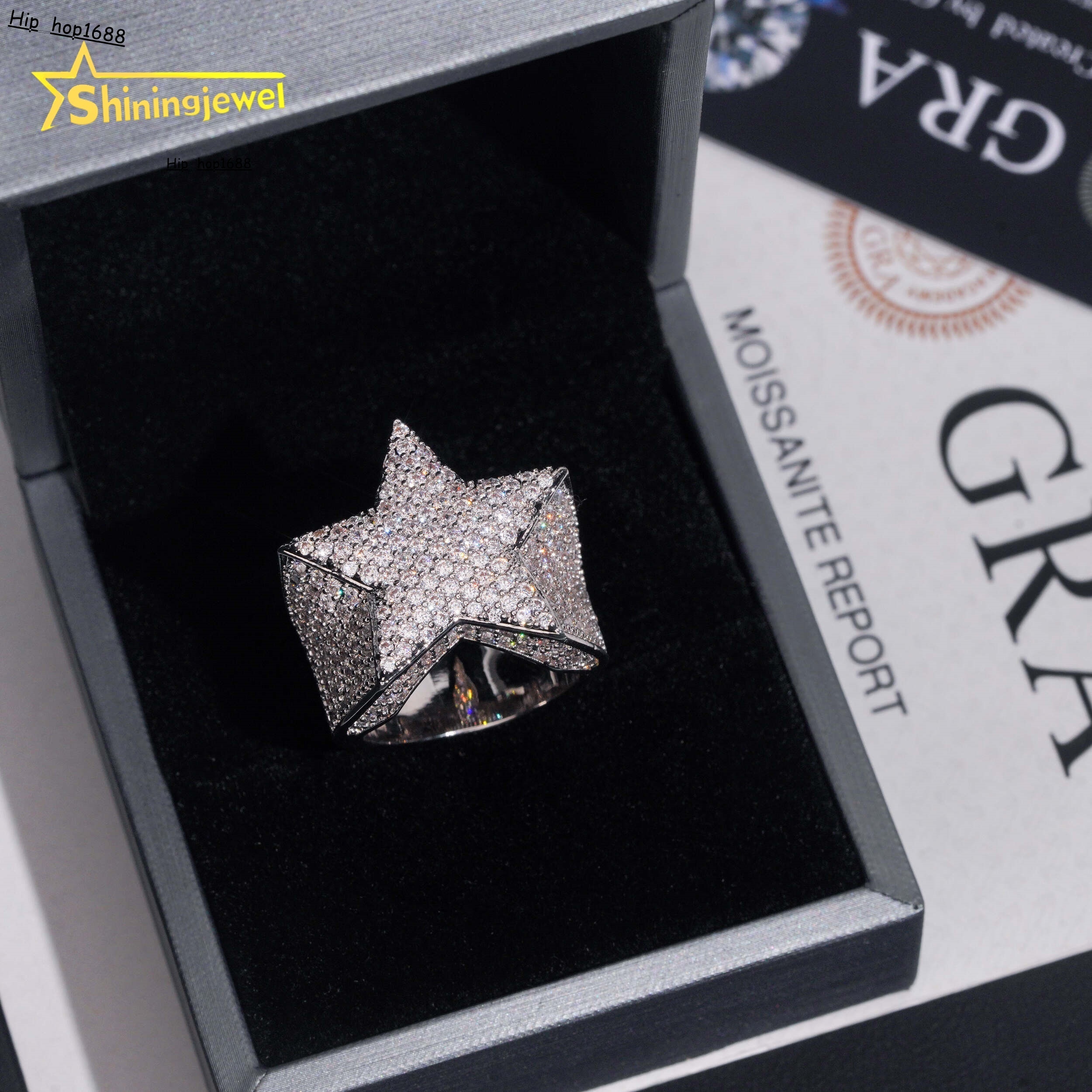 Pass Diamond Tester Rapper Hip Hop Jewelry Solid 925 Sterling Silver Iced Out Diamond Moissanite Ring Star Rings