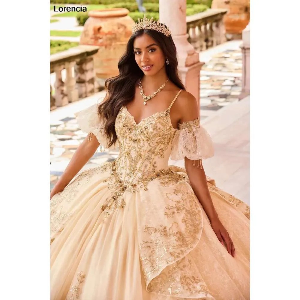 Vintage Glitter Champagne Quinceanera Dress Fairy 3D Floral Lace Applique Cathedral Train Dress Customised Ball Gown Vestido De Novia