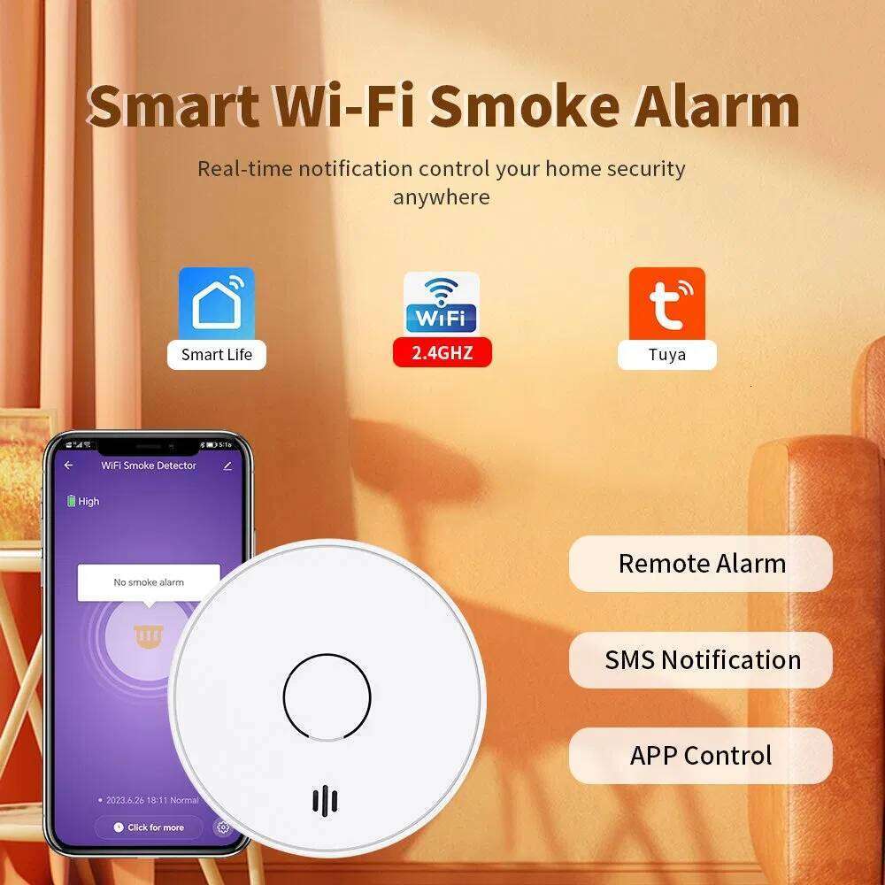 Wi-Fi Smoke Alarm V-Come Wi-Fi Smart Detector Tuya APP Control, WiFi Alarm with Sealed 10-Year Li-Battery, CE En 14604 VS02W