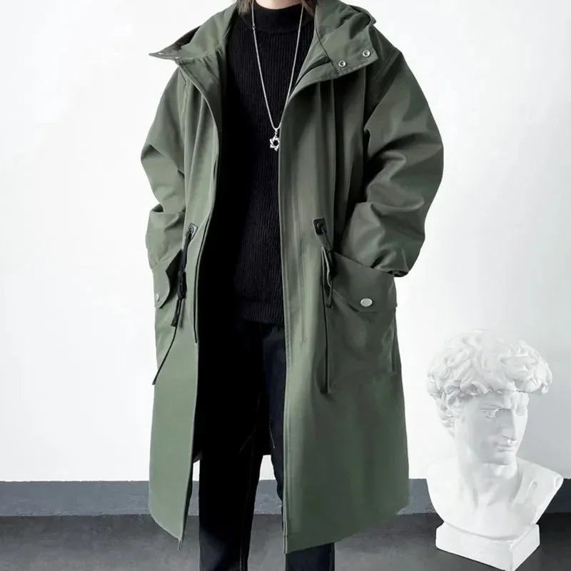 Spring Autumn Army Green Windbreaker Fashion Men Midlength Casual Hooded Coat Daily High Street Overcoat Male Clothes 250730