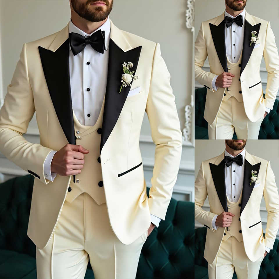 Elegant Wedding Tuxedos 3 Piece Set Jacket Vest Pants Peaked Lapel Gentleman Men Suits Trim Fit Groom Wear Party Suit Customized