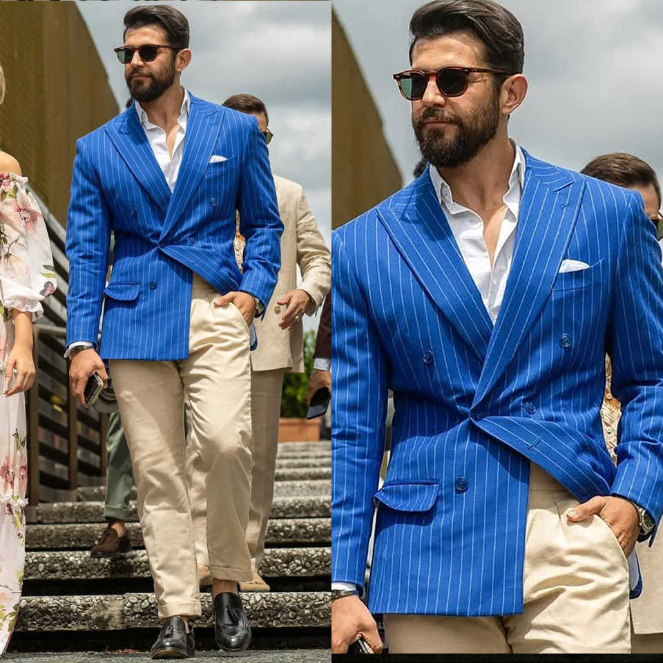 Blue Striped Mens Jacket For Wedding Slim Fit Peaked Lapel Blazer Party Birthday Formal Wear One Piece Customized