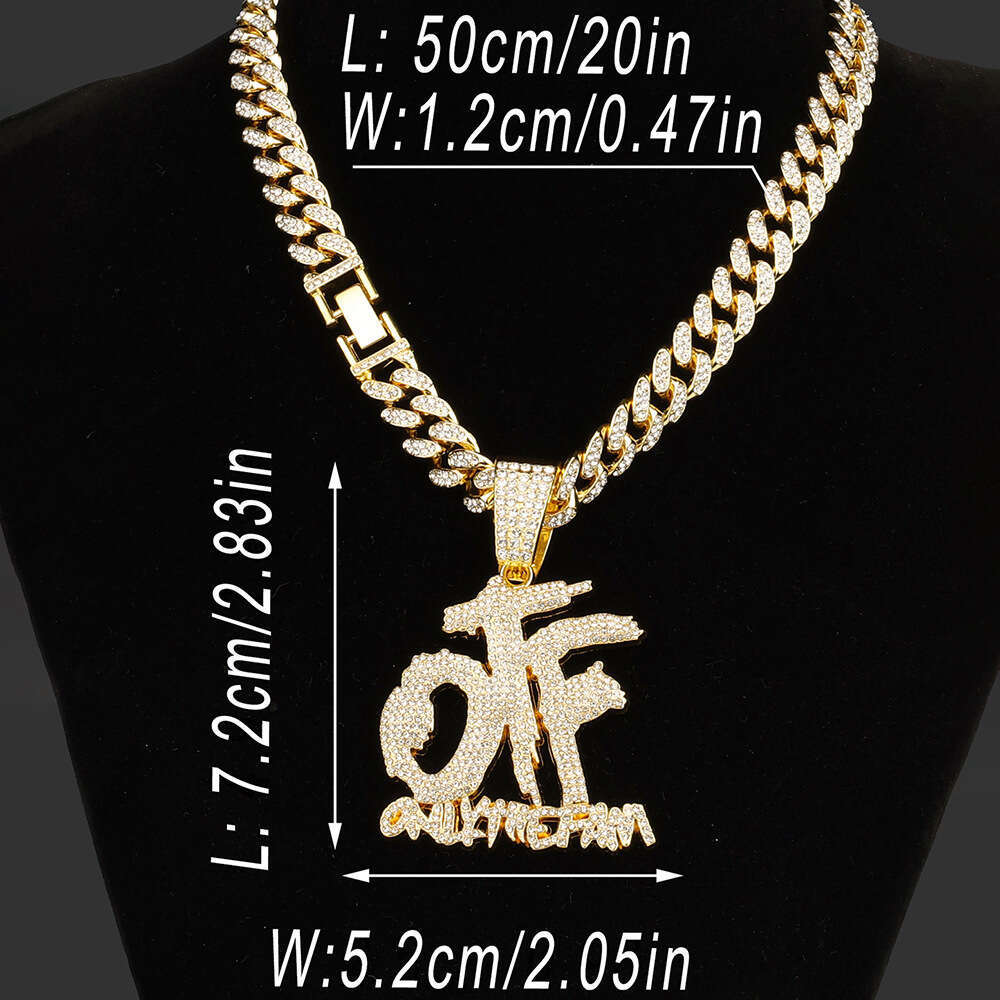 New Alloy Cuban Chain Hip Hop Full Rhinestone OTF Letter Necklace Pendant Fashion Straight Hair