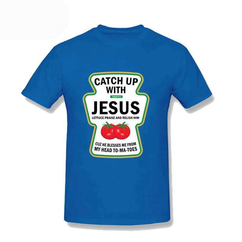 Men Christian Catch Up With Jesus Ketchup T-Shirt Family Student Tee Shirt Men's 100% Cotton Haruku Short Sleeve Tops
