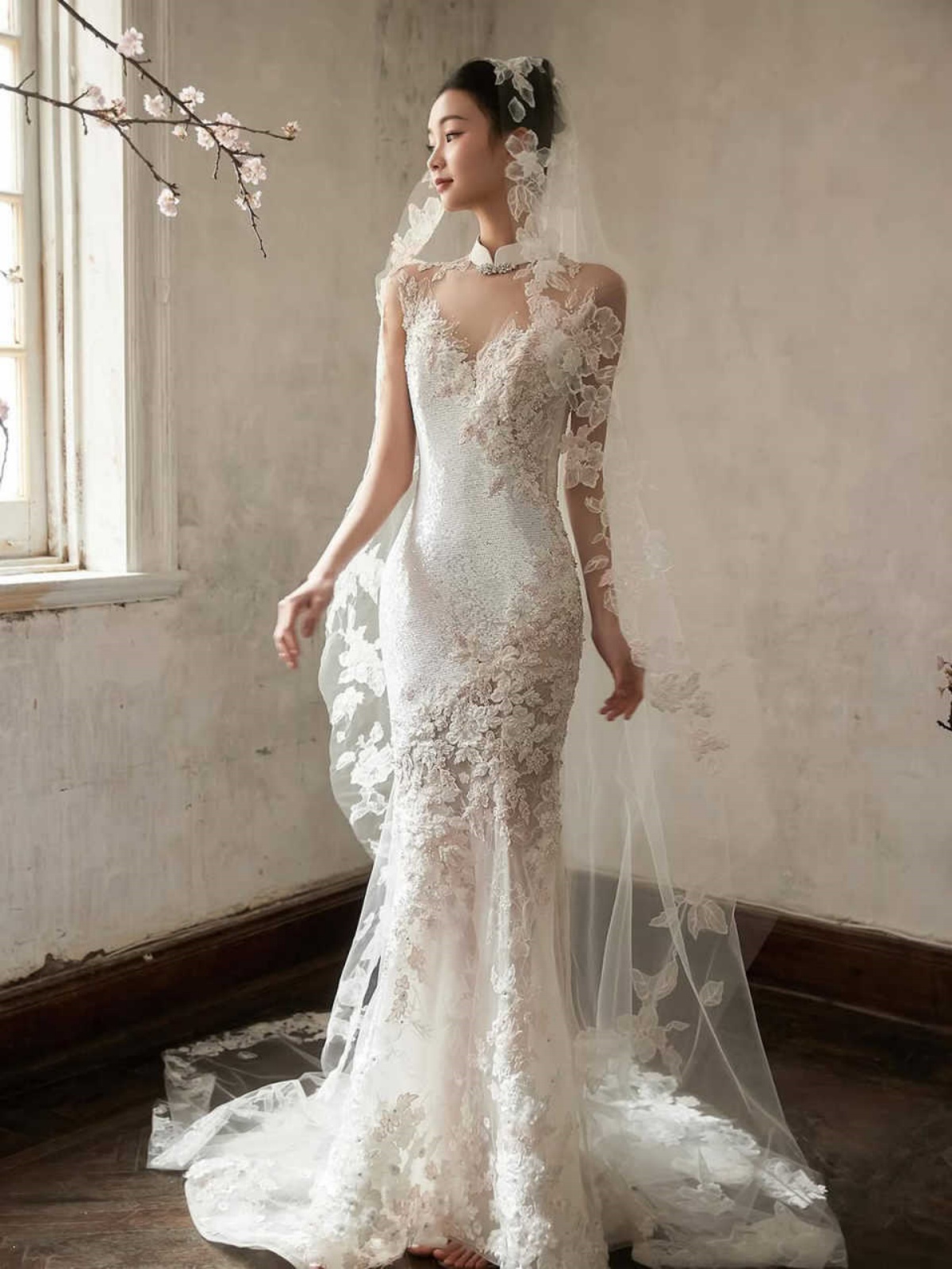 Tulle Lace Appliques Bridal Veil Long Cathedral One Layer Women Party Trailing Veil Wedding Accessories Customized