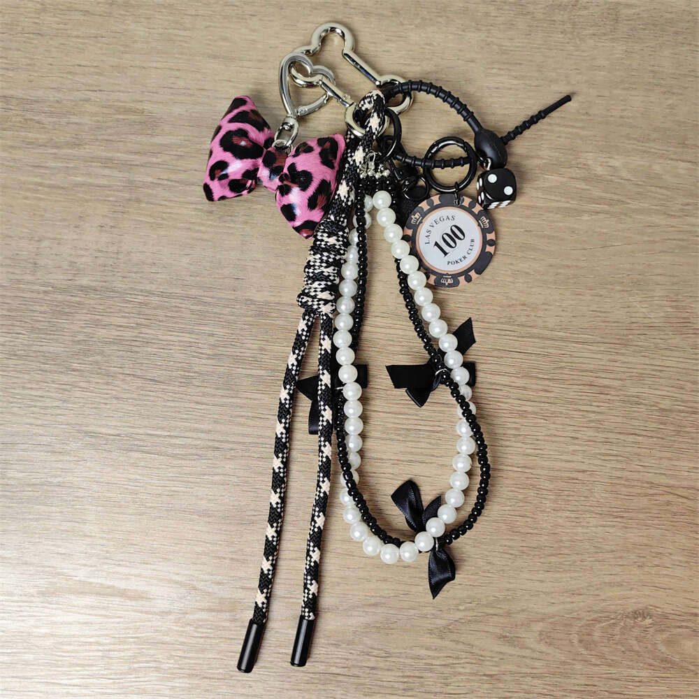 Sweet Cool Rose Pink Leopard Print Bow Keychain Chip Pearl Chain Pendant Women's Bag Charm