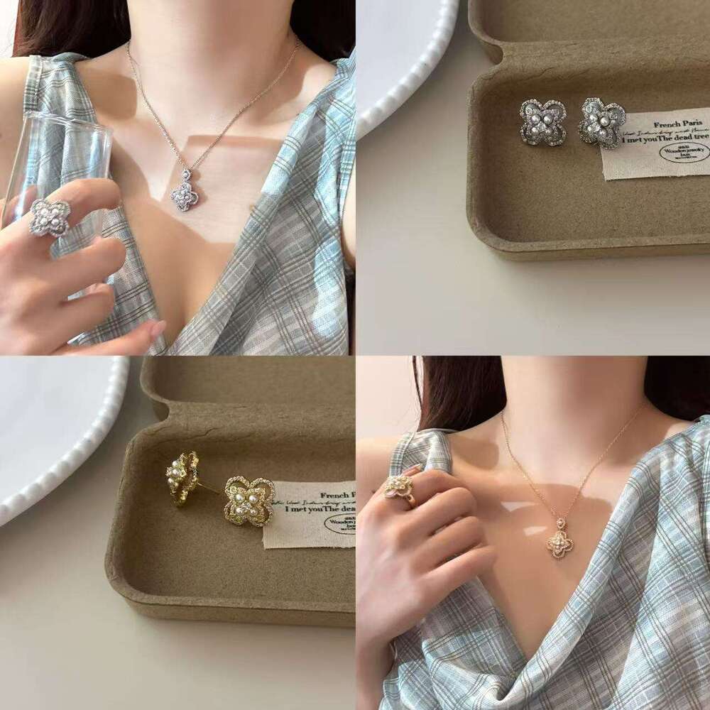 Light Versatile Mother-of-Pearl Fragmented Dia Pearl Four-Leaf Clover Flower Necklace Earrings Ring Forest Style Elegant Fashion Trendy Model 4b5