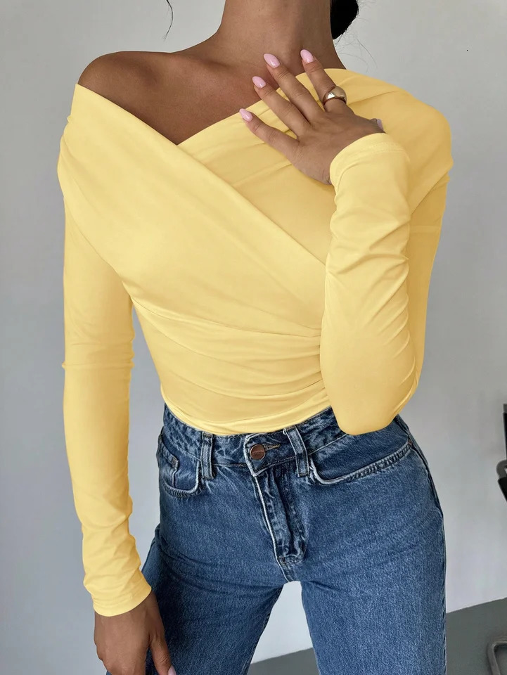 Womens Spring Casual Solid Color Girl Style Offtheshoulder Longsleeved Top 250729