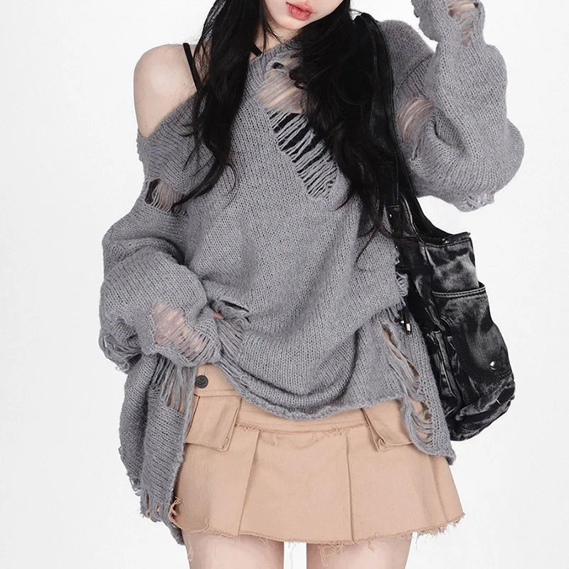Oblique Shoulder Hollowed Out Top Casual Lazy Pullover Loose Knit Womens Autumn Hollowed Out Sweater Long Sleeve Womens Trend 250723