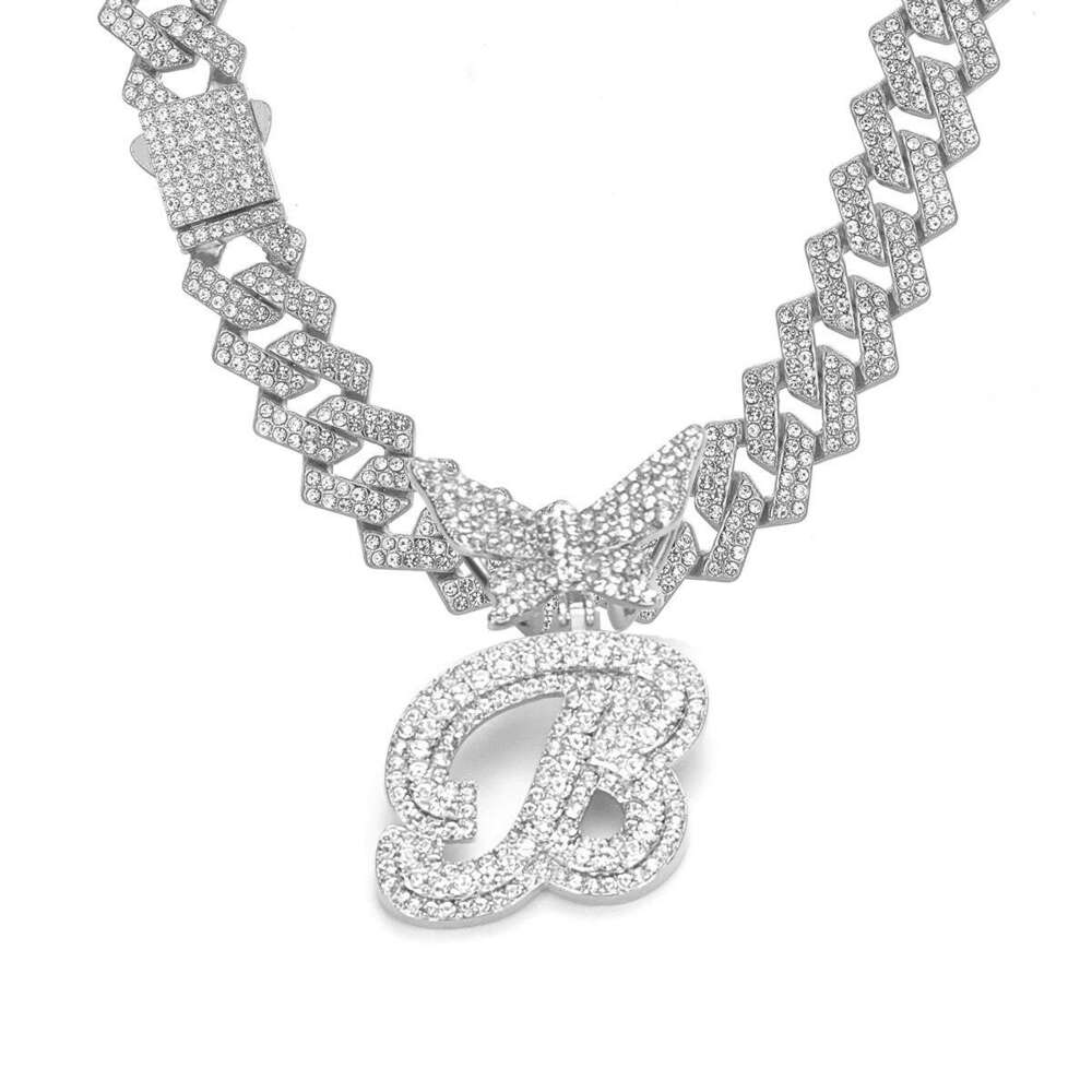 26 Alphabet Alloy Rhinestone Necklace Butterfly Clasp Full Dia Hip Hop Pendant