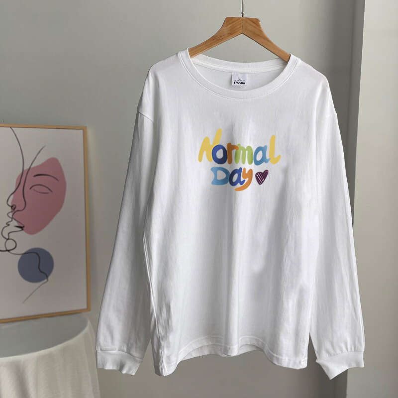 American Text Printed T-Shirt Women Round Neck Loose Cotton Long Sleeve Top 240G B5