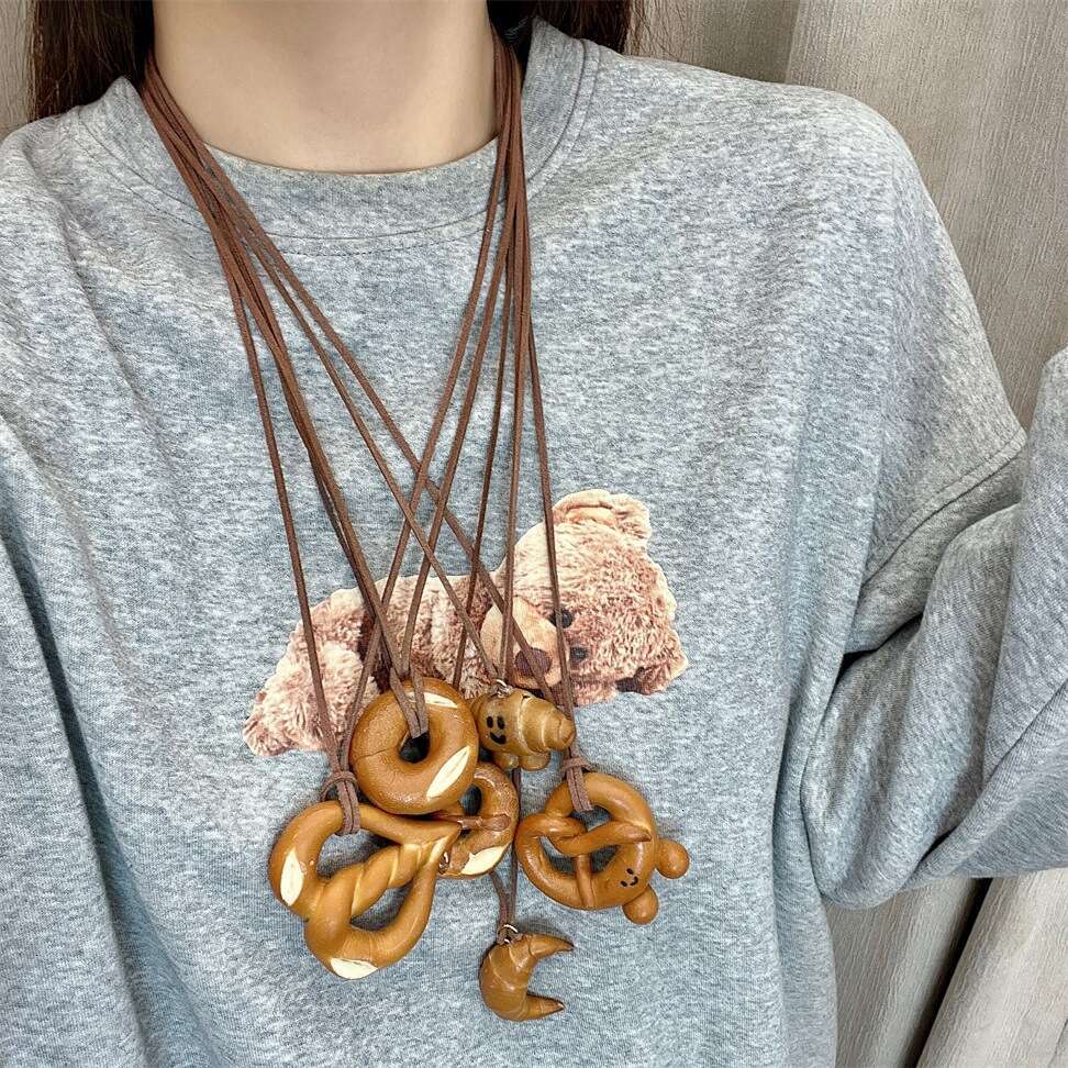 Handmade Bread Lye Knot Croissant Long Pendant Necklace for Women, Unique Sweater Chain Accessory 54c