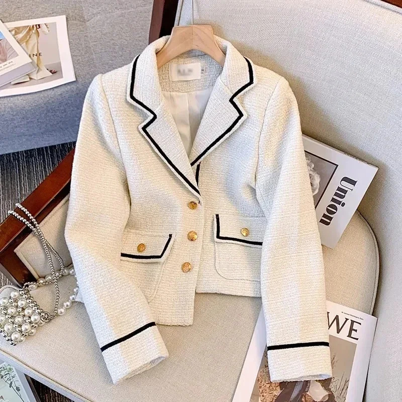 Spring Autumn French y Socialite Temperament BlackAndWhite Lapels and Fragrant Tweed Coat Women Coats 250730