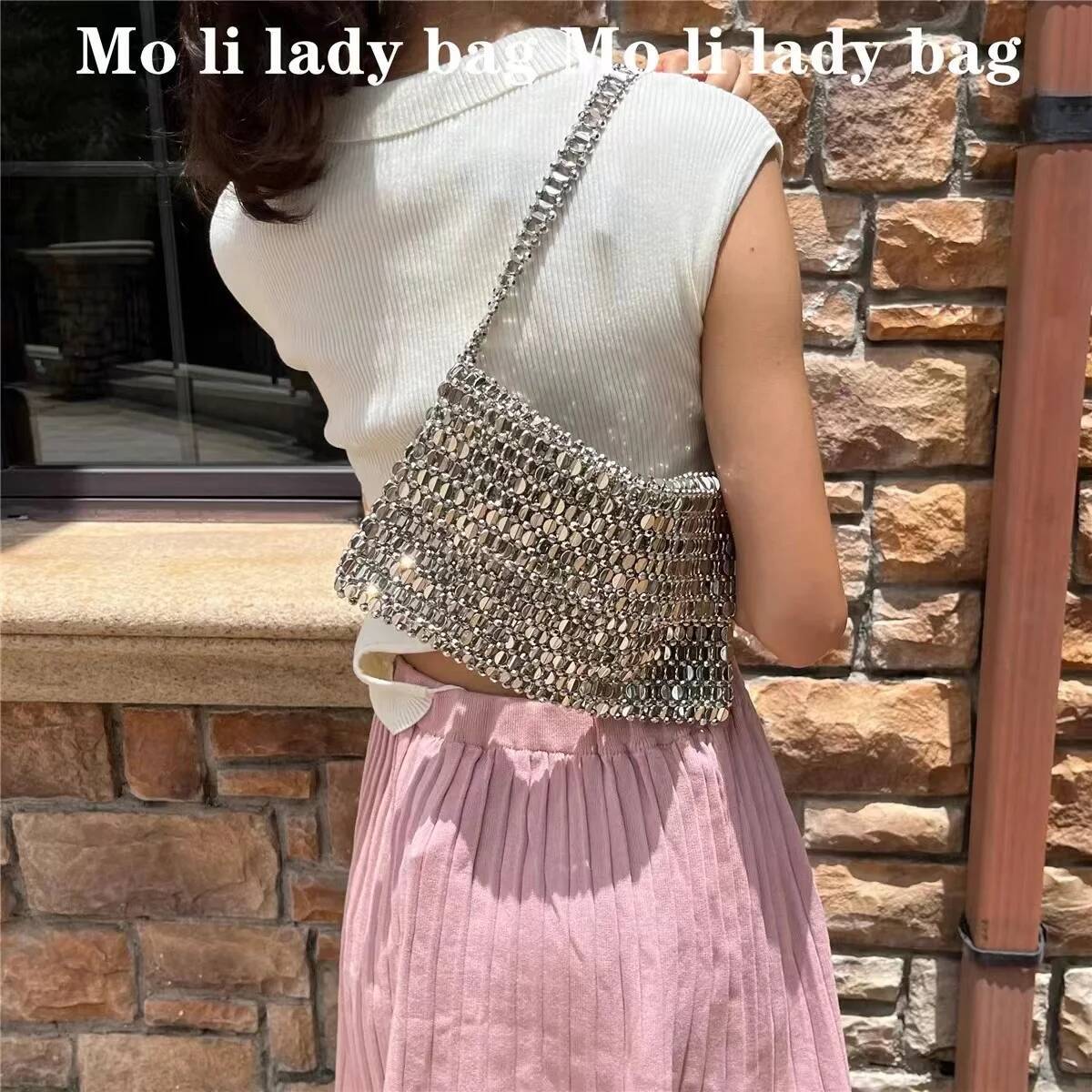 Glitter Shiny Sier Beads Beading Woven Handmade Square Hollow Out Women Fashion Handbag Shoulder Female Casual Bag
