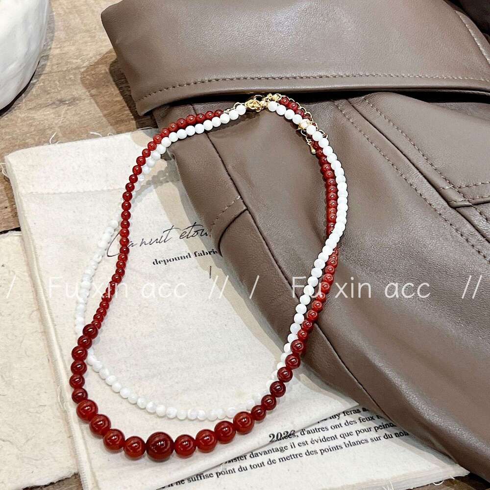 Natural Red Agate Beaded Necklace for Women, Light Niche White Mother-of-Pearl Bead Collarbone Chain, High-End Versatile Sweater Chain c31