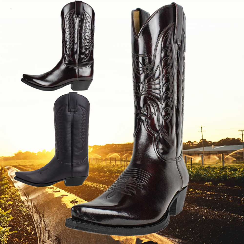 Western Cowboy Boots Waxed Leather Pointed High Heels Leather Embroidery Patchwork High Boot Knight Chelsea Snake Pattern Patchwork Gold Silver Toe Ho