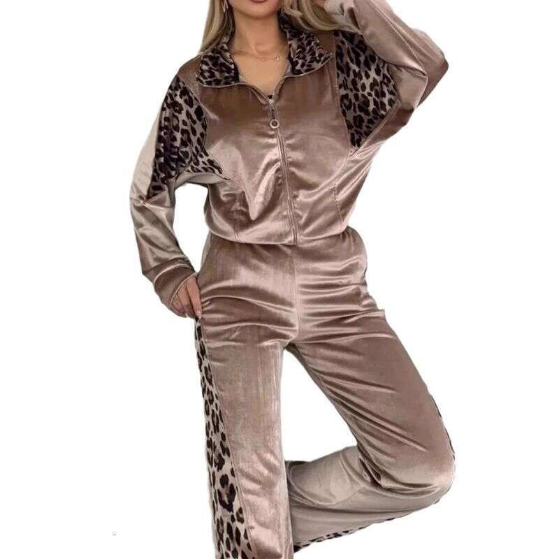 Women's Clothing Leopard Print Contrast Trousers Long Sleeved Home Clothes Suit