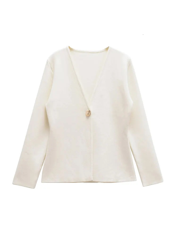 TRZA Women Fashion With Gold Button Knit Cardigan Sweater V Neck Long Sleeve Female Outerwear Chic Tops 250730