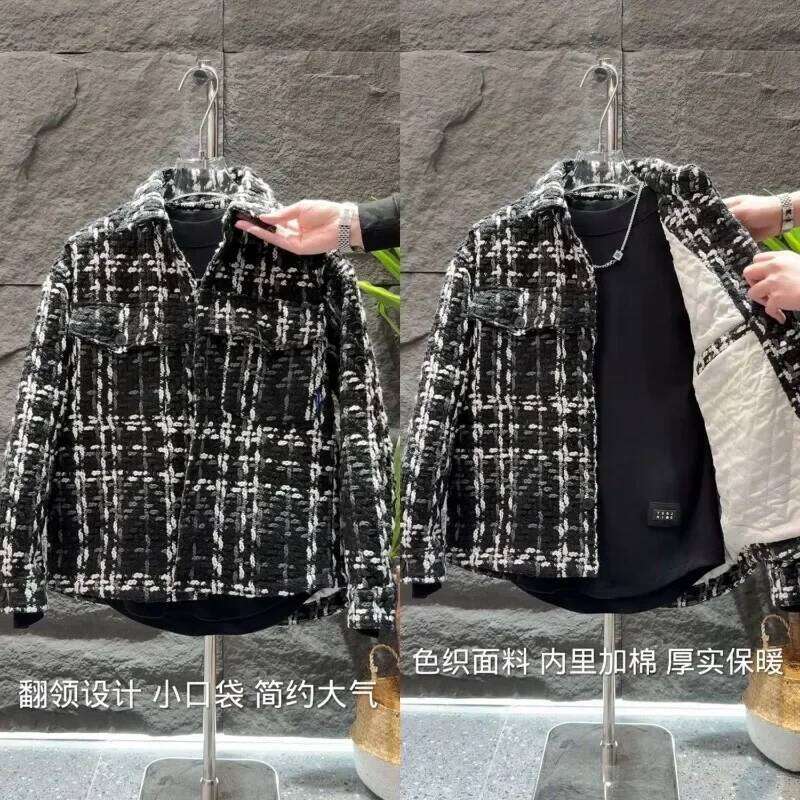 Elegant Plaid Warm Padded Men's Korean Streetwear Parkas Trendy Versatile Loose Thickened Lapel Shirt Jacket Men Clothing
