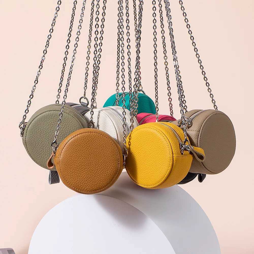 Ladies Fashion New Genuine Leather Round Mini Chain Bag Evening Shoulder Crossbody Purse Portable Change Lipstick Storage Bag Y250729