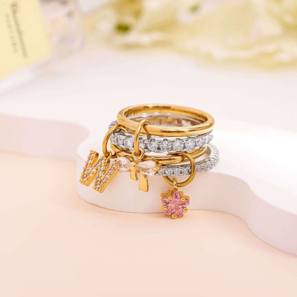 26 Letters Copper Inlaid Interlocking Full Diamond Zircon Ring Two-tone Multi-element New Hot Item